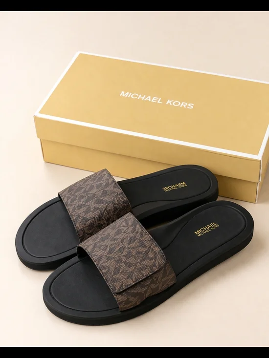 🆕Michael Kors MK Logo Slides + Matching Hat & Belt Set Brown Monogram Designer - Picture 5 of 6